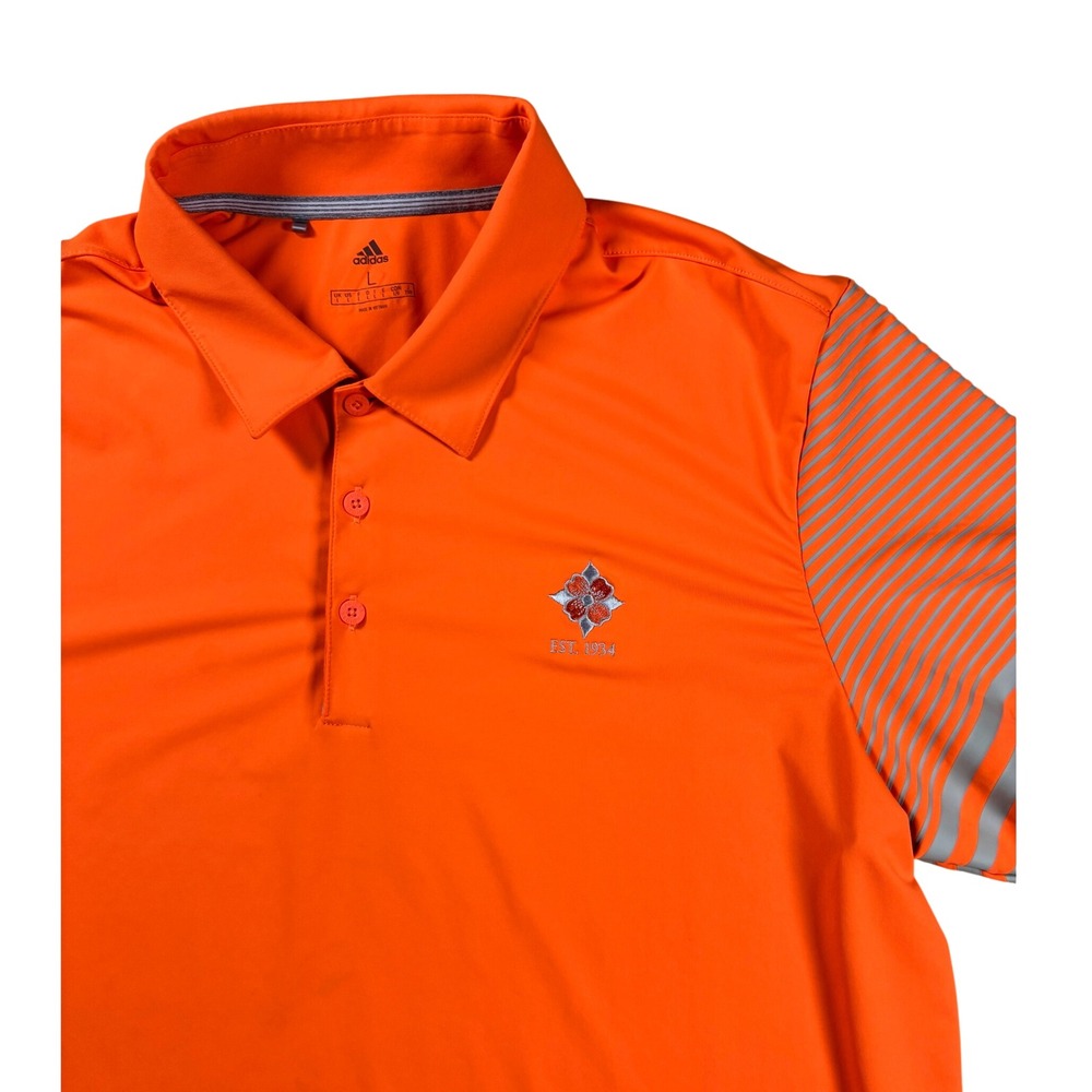 Adidas Mens Orange Striped Sleeve Polo Shirt Large Est 1934 Crest Logo